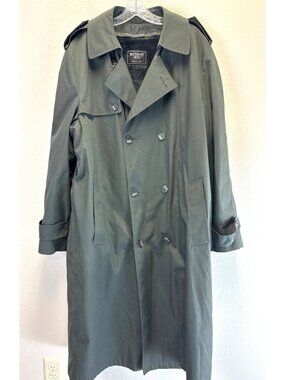 VTG Botany 500 Trench Coat USA Olive Green Removable Fur Liner 44 Long Gothic